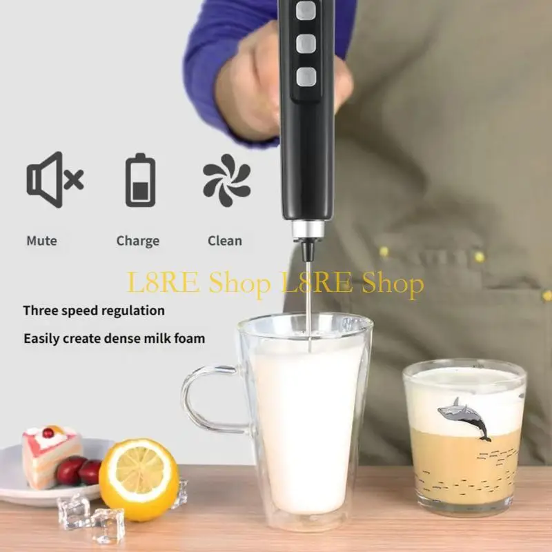 L8RE Electric Milk Frother Whisk with Metal Heads 3 Adjustable Speeds 1200mAh Suitable for Coffee Cream and Baking Recipes