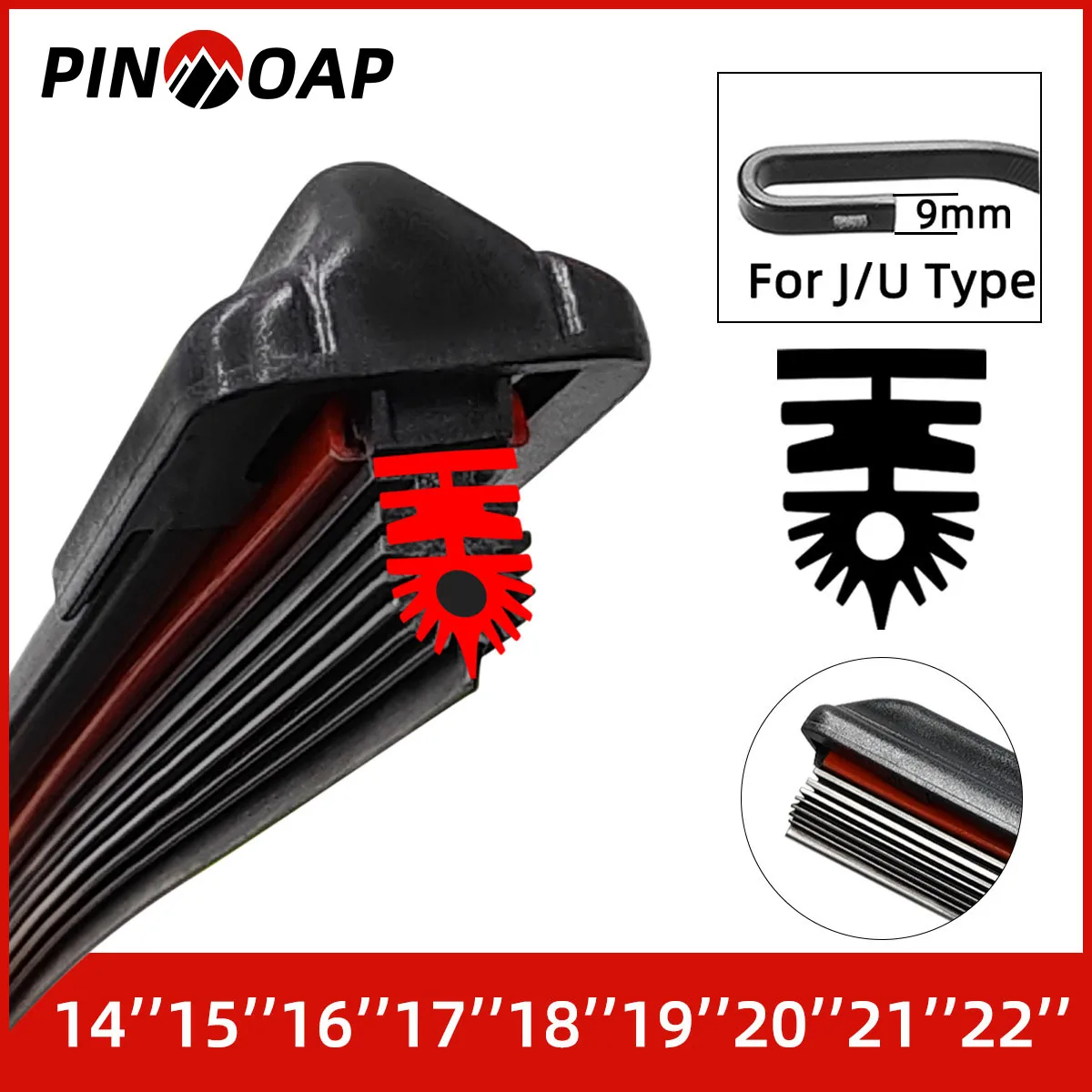 PINMOAP 1PC Car 11 Layer Rubber Strip Wiper Blade 14''-22'' Natural Rubber High-Definition Durable Front Windshield Wiper Blade