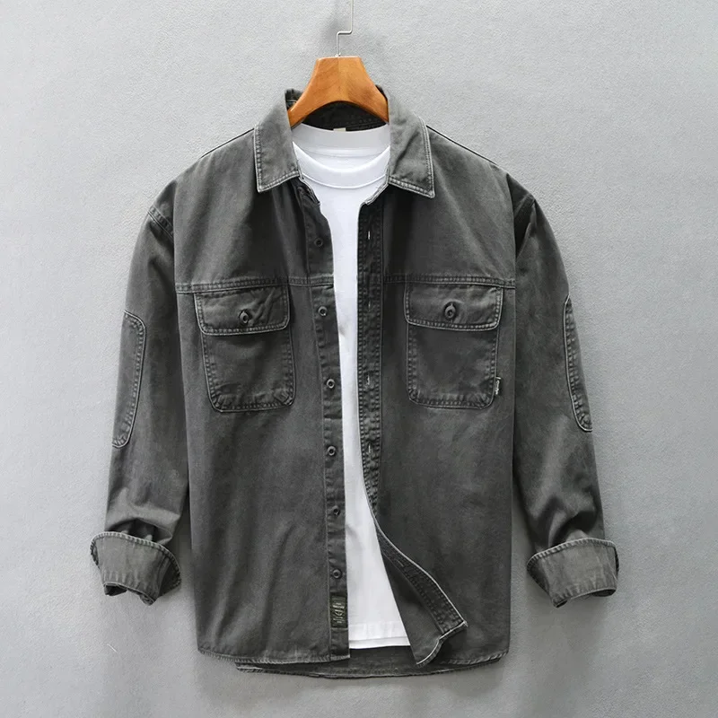 Japanese Style Cargo Shirt Men Spring Fall Pure Cotton Men\'s Clothing Casual Double Pockets Long Sleeve Shirts Loose Overshirt