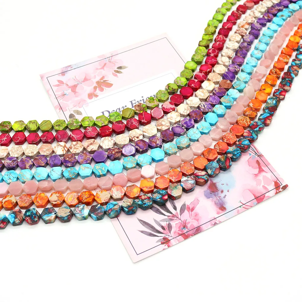 

Retro Natural Stone Hexagon Shape Beads Multi-color Emperor Stone Straight Holes Loose Bead 1 Strand DIY Necklace Bracelet Gift