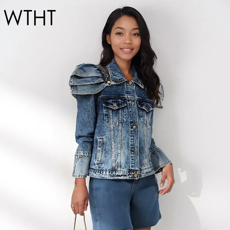 WTHT Fashion Women's Patchwork Wrinkled Edge Design Denim Jacket 2025 Autumn Trendy Lapel Long Sleeves Coat Female 1LS2518