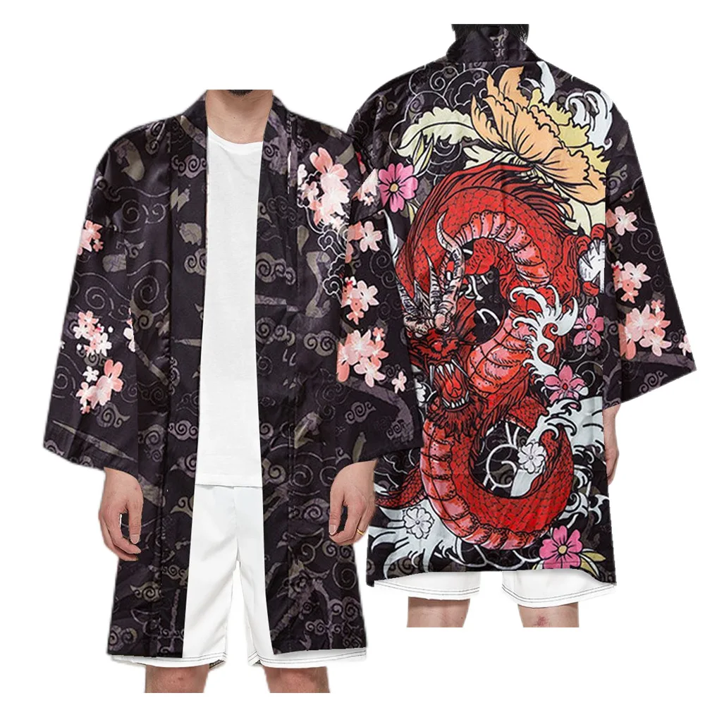 Demon Print Anime Kimono Cardigan donna uomo giapponese Obi maschio Yukata Haori Chinese Dragon Coat Cosplay Costume giappone Colthing