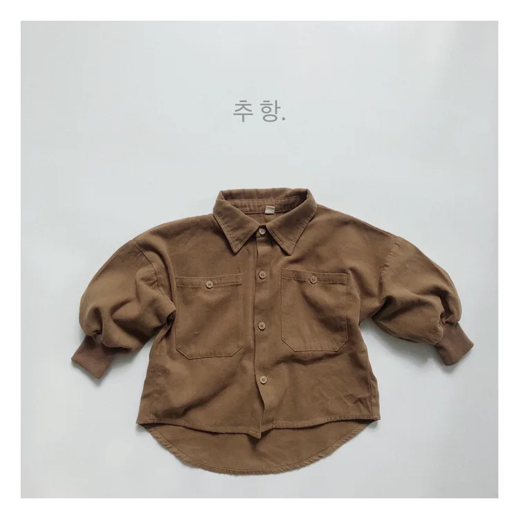 Childrens Boys Retro Shirt Spring Autumn Woven Snowflake Velvet Large Bubble Sleeve Baby Boys Jacket Solid Pocket Kid Boy Shirt