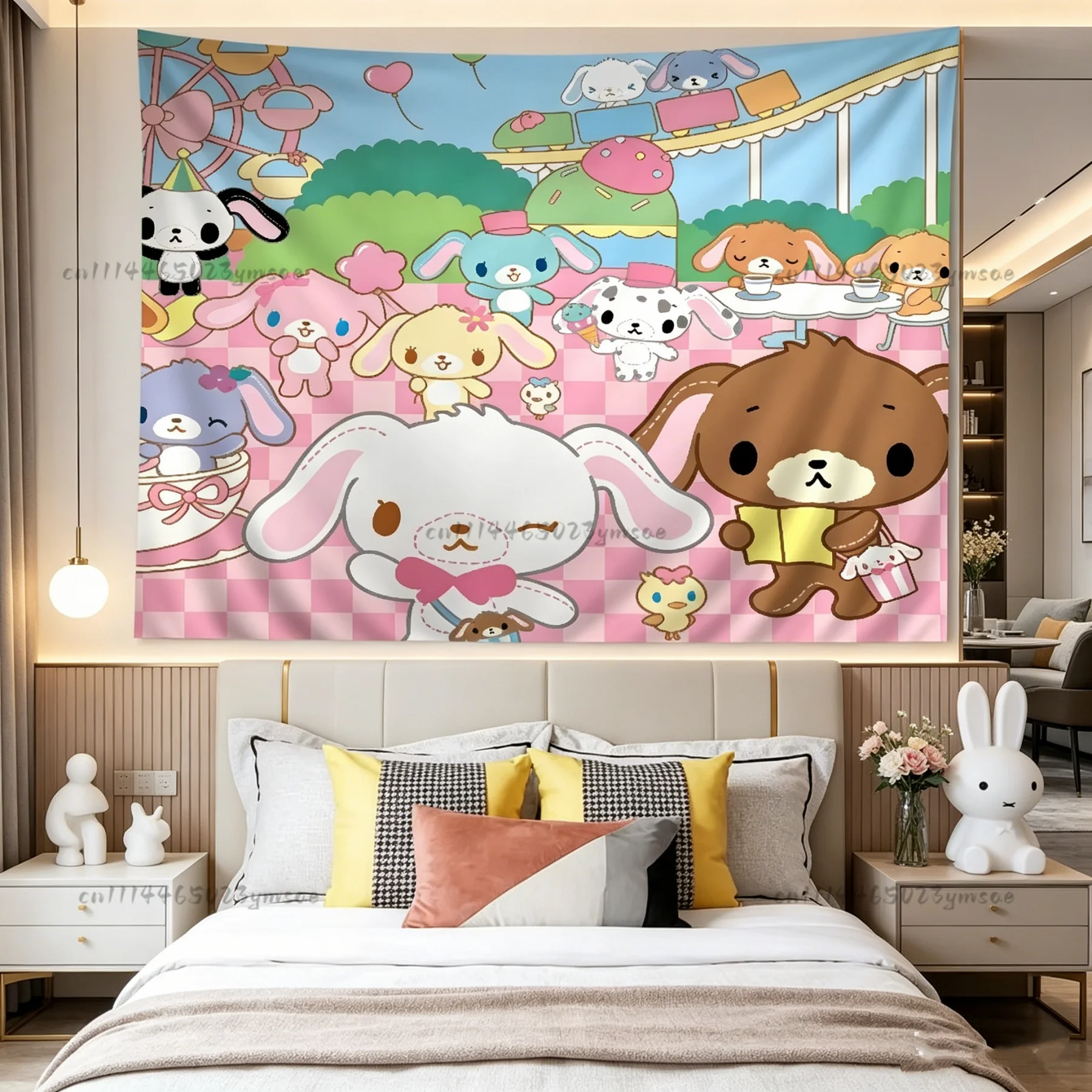 Niedlicher rosa Koch-Tier-Cartoon-Wandteppich, Kawaii-Wandbehang, Hintergrundtuch für Mädchenzimmer, Schlafsaal, Cartoon-Flagge, Dekoration – Detail 5