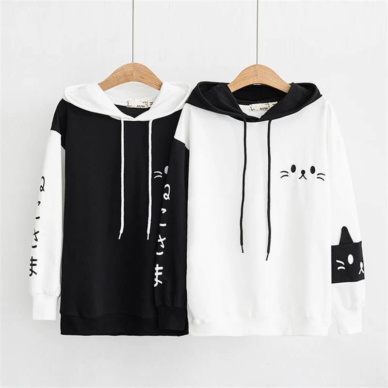 New Creative Cat Cartoon Print Color Blocking Hoodie With Black And White Patchwork Cute College Style Hoodie For Women