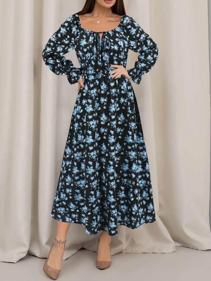 Elegante Feestjurken Vrouwen Casual Bloemenprint Elegante Vierkante Kraag Vierkante Kraag Lange Mouwen Trekkoord Hoge Taille Jurken