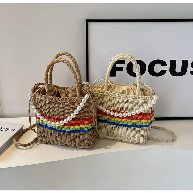 

New Bucket Bag, Striped Woven Casual Straw Bag, Portable Women's Bag, Fashionable and Popular Shoulder Messenger Bag.