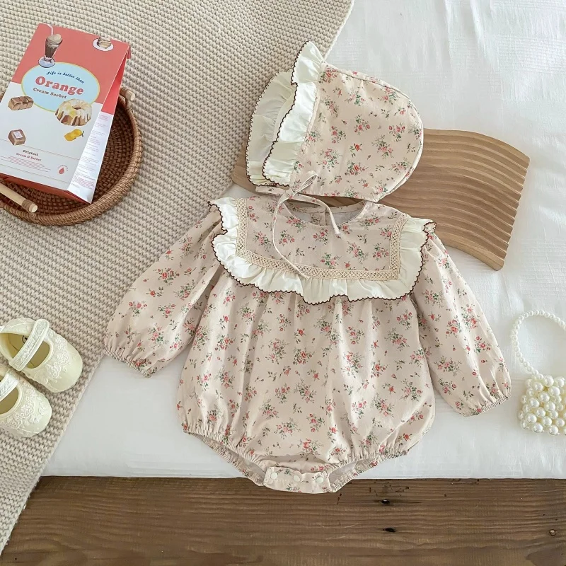 

Autumn Spring Infant Baby Girl Bodysuits+Hat Cotton Long Sleeve Floral Printing Newborn Baby Girl Jumpsuit Baby Girl Clothing