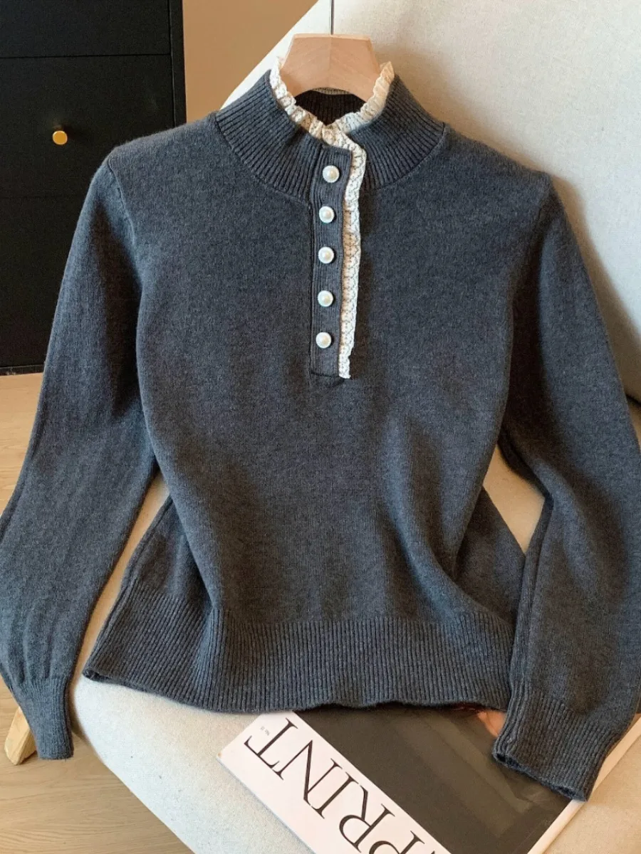 

ay Lace Trim f High Collar Knitted Sweater Women's Autumn Winter Inner Wear Base irt Self-Kee Advanced Sense