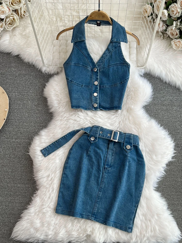 Jeans Set for Women Tank Tops Halter Vest Denim Woman Skirt Suits Buttons Belts Jean Ladies Costumes