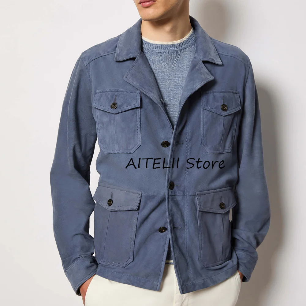 Klassieke herenjas Vier knoopzakken Jassen voor formele heren Suède stoffen jassen voor pak Stijlvolle revers Casual Single-breasted