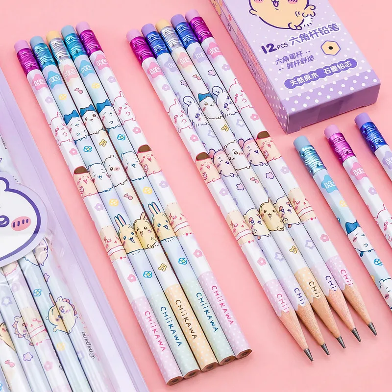 Genuine Chiikawa Hb Pencil Set Hexagonal Non-Slip Wooden Pencils With Eraser Caps Back For Students Writing Practice Stationery