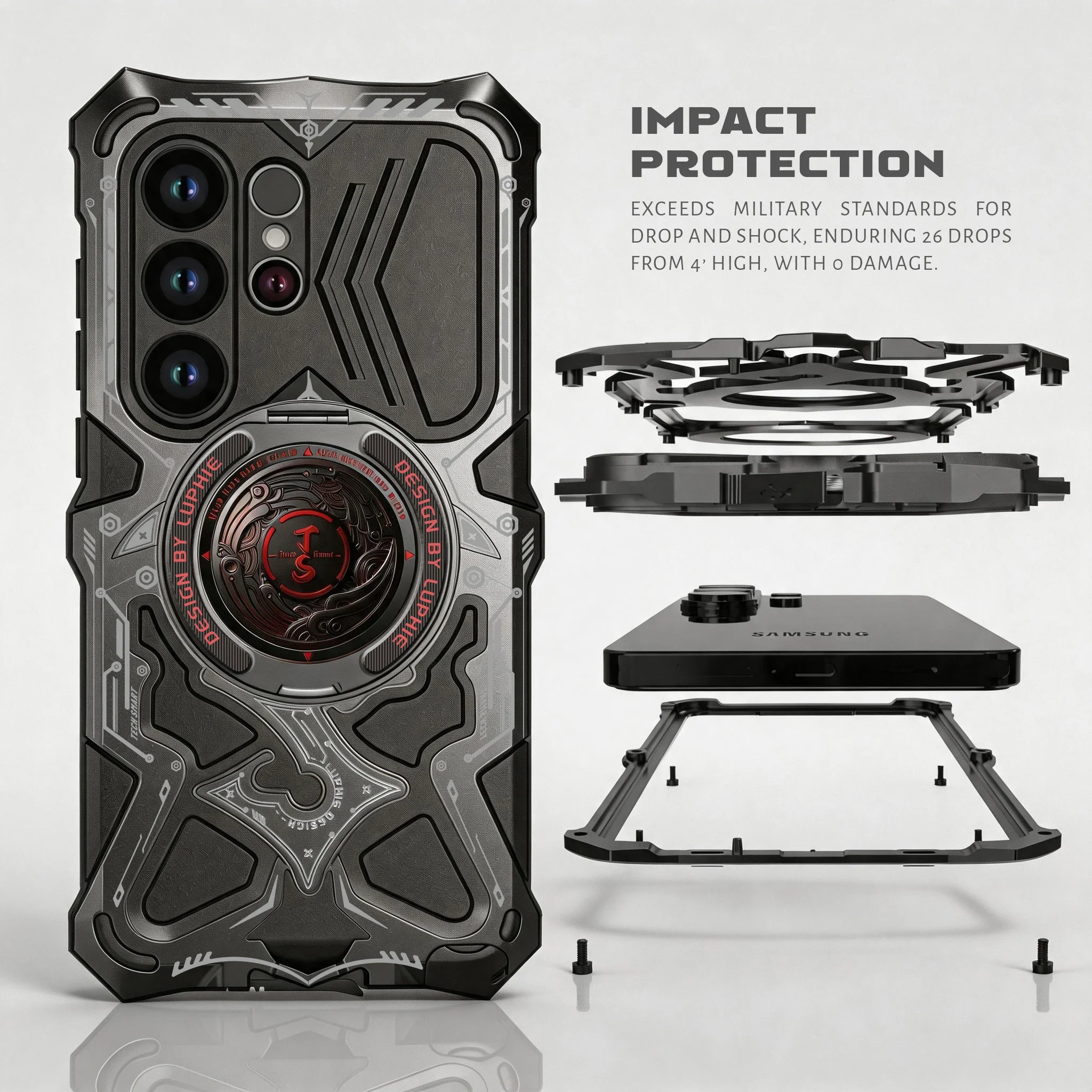 For Samsung Galaxy S25 S26 Ultra For MagSafe Cyberpunk Mecha Magnetic Phone Case Swivel Stand Heavy Duty Bumper Shockproof Cover