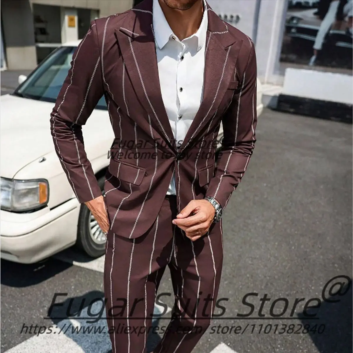 

Wine red Stripe Business Men Suits Slim Fit Peak Lapel Groom Wedding Tuxedos 2 Pieces Sets High-qublity Male Blazers Ropa Hombre