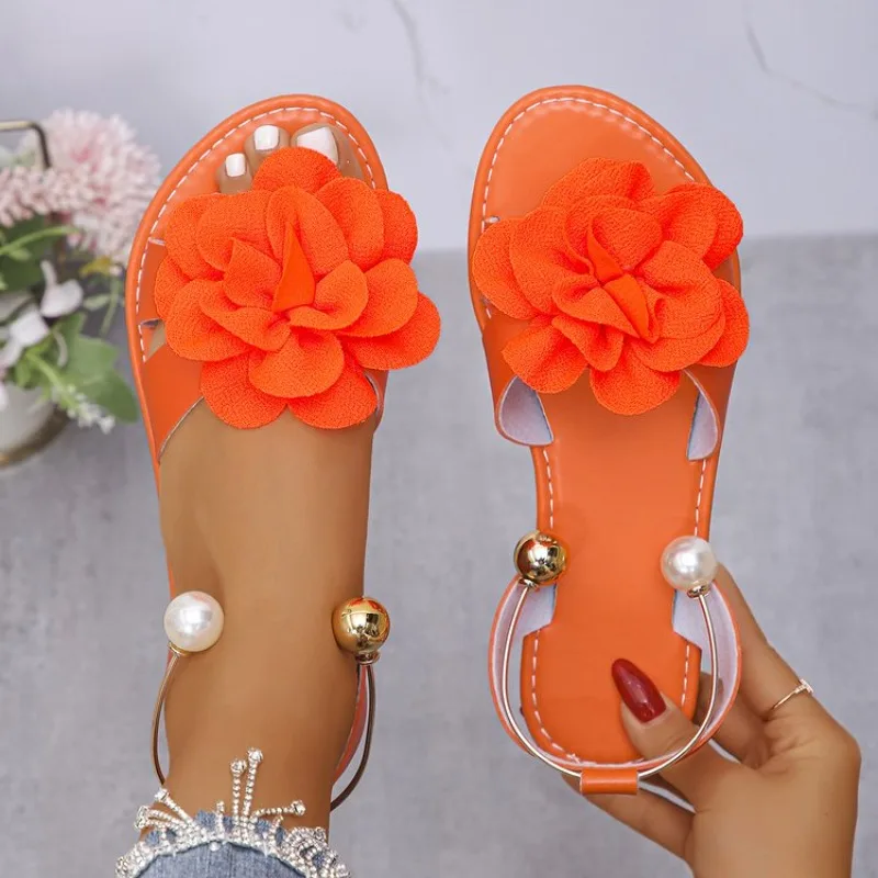 Women Sandals Summer Flat Pearl Retro Flower Sandals Open Toe Casual Sandals Daily Beach Bohemian Comfortable Non Slip Shoes - view 6
