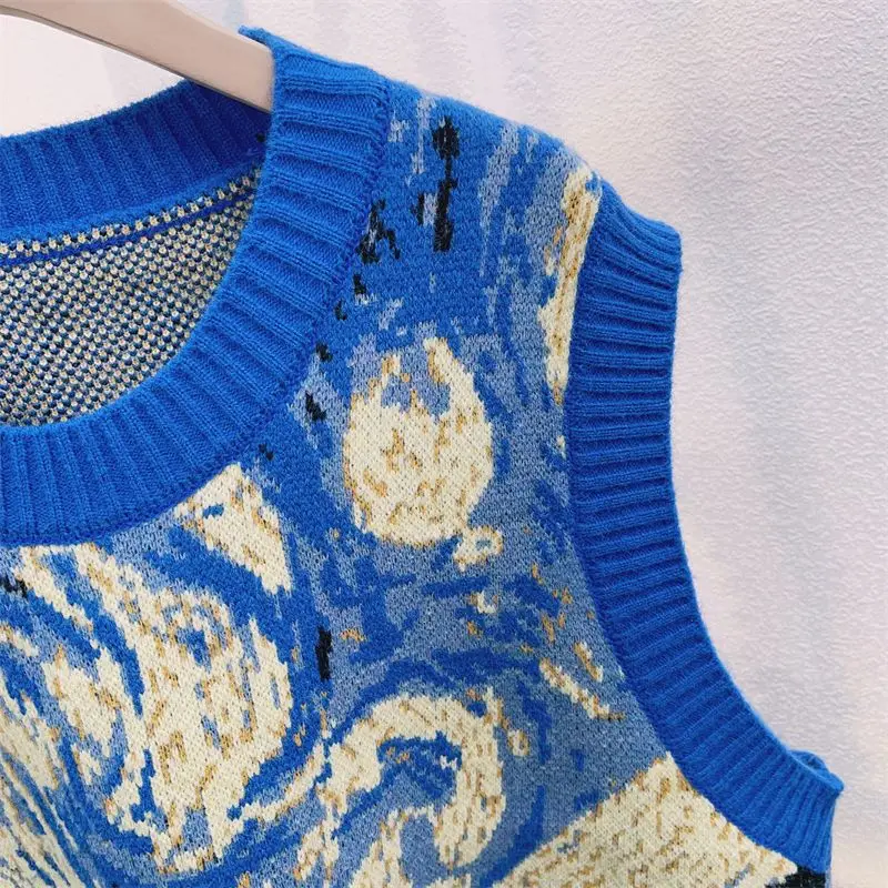 Gogh oil painting autumn and winter new niche design sense knitted sweater vest sleeveless pullover sweater vest ins jacket