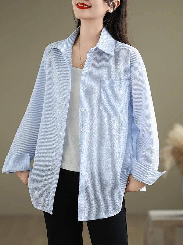 

Blue Striped Long Sve irt Jaet Loose Fit Women's Casual Sle Spring 2026 Faion plus Size Slimming Top