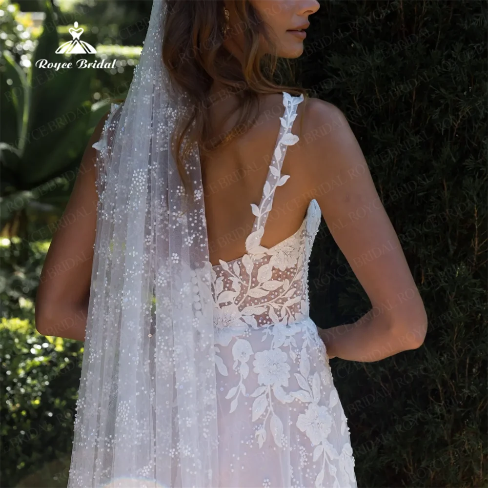 Roycebridal-vestido de novia de corte en A con cuello cuadrado, traje de boda con tirantes finos, corte en tren, 2025