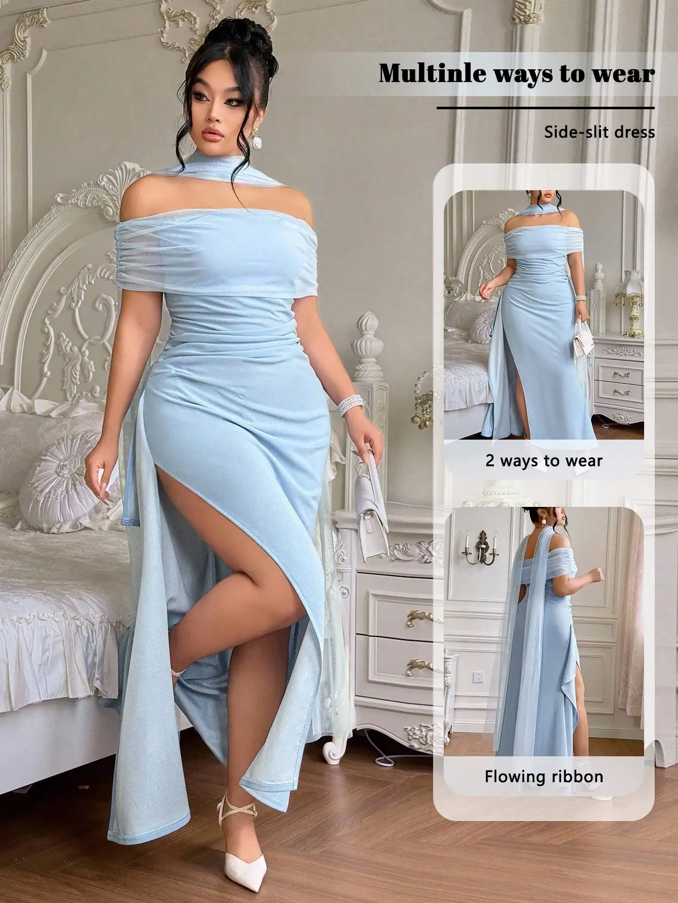 

Светло-голубое платье-халат больших размеров с открытыми плечами, высоким разрезом и струящейся лентой для торжественных мероприятий и вечеринок