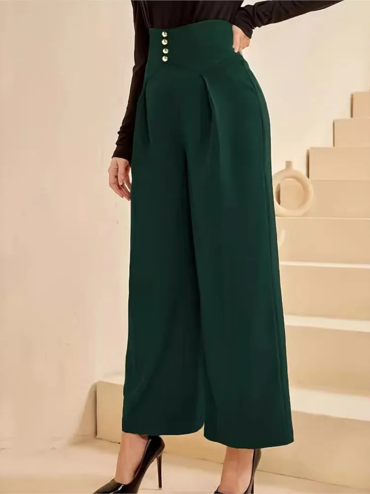 Plus Size High Waist Spring Summer Long Wide Leg Pant Women Casual Loose Pleated Fashion Ladies Trousers New Green Woman Pants