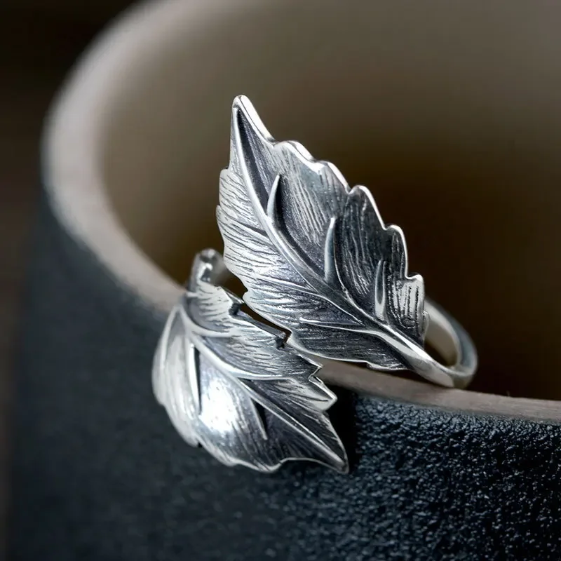 2023 New Vintage Silver Color Jewelry Leaf Adjustable Opening Rings For Men Women Male Homme Custom Jewelry