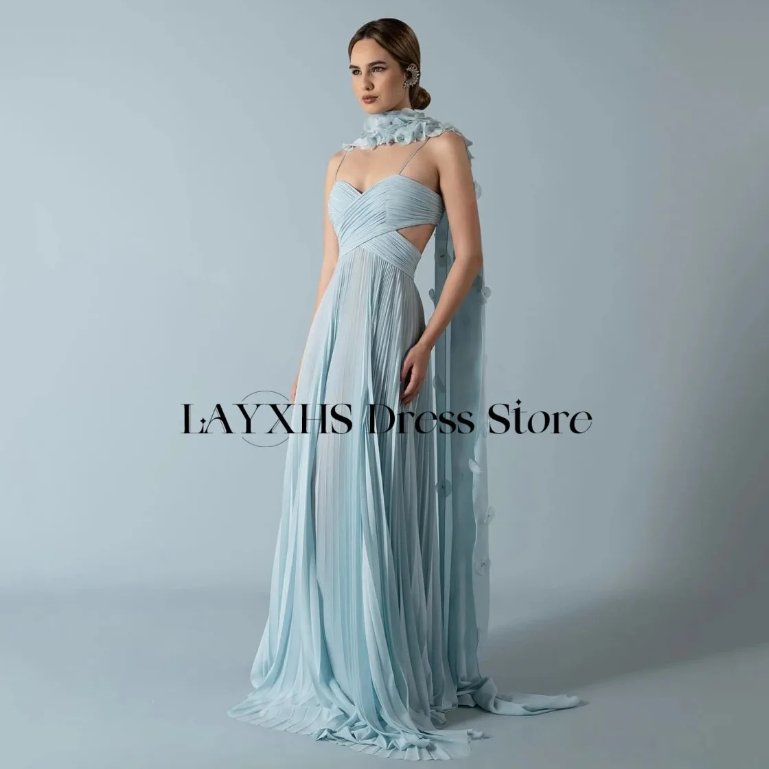 LAYXHS Fashion Spaghetti-Straps Evening Dresses Blue A-Line Cut-out Applique Birthday Party Prom Gowns Customized