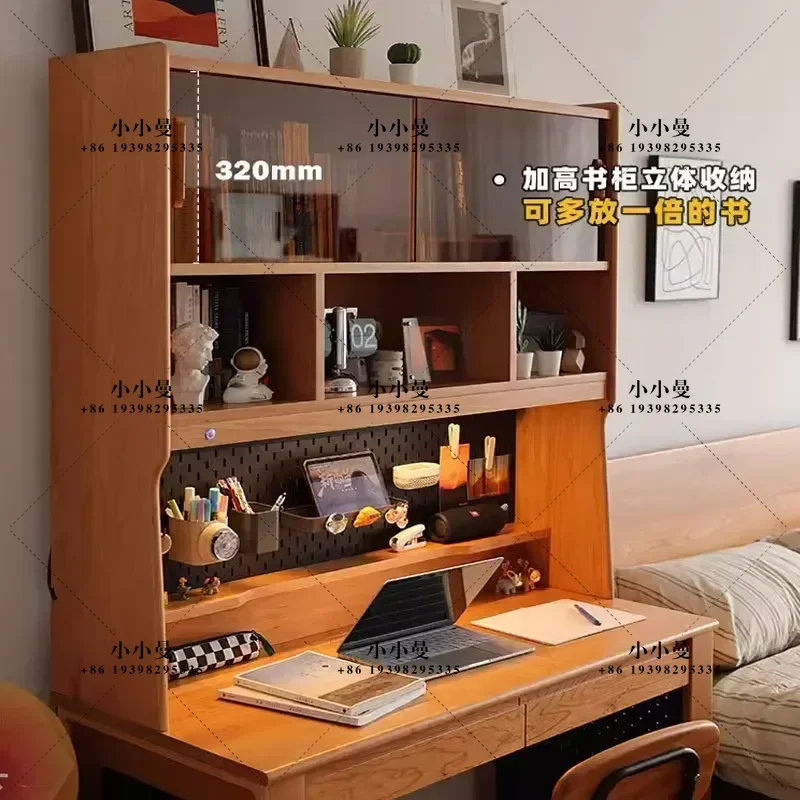 North American Cherry Wood Study Desk with Integrated Bookcase Nordic Simple Black Walnut Solid Wood Bookshelf for Home
