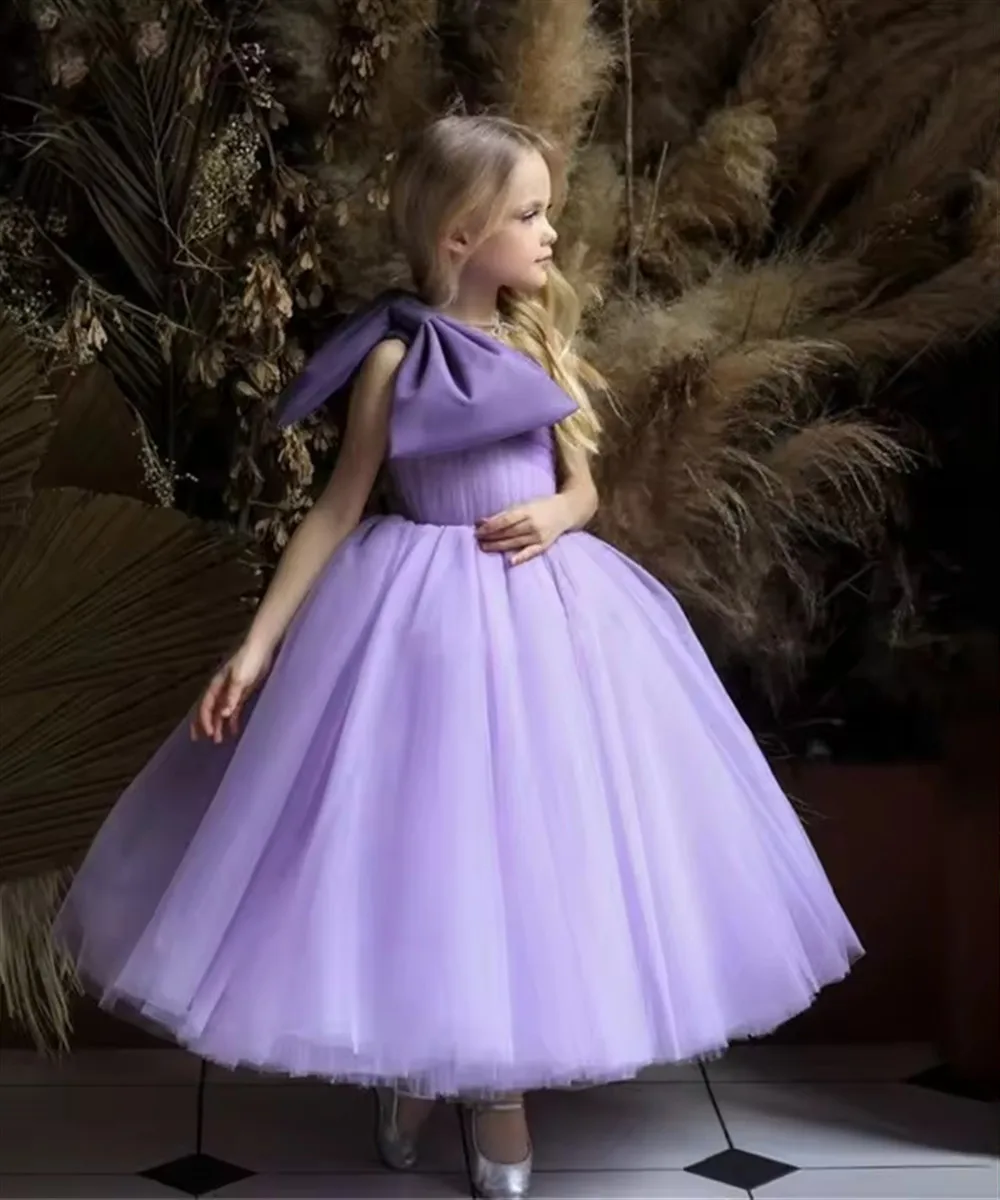 

Elegant Puffy Lavender One Shoulder Flower Girl Dresses For Wedding Party Princess Ball Gown Big Bow First Communion Formal Wear
