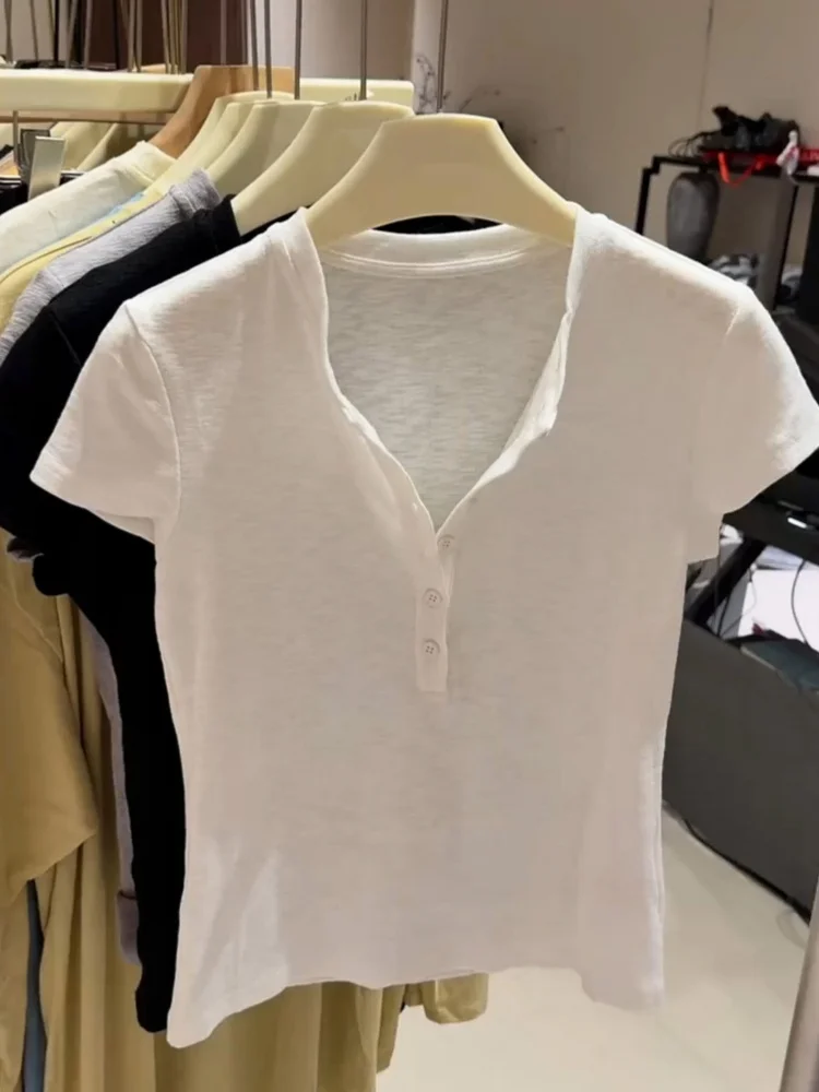 Slim Fit Women's Short Sleeve T-Shirt Henry Collar White Versatile Commute Style High Waist Button Detail V-neck Breathable