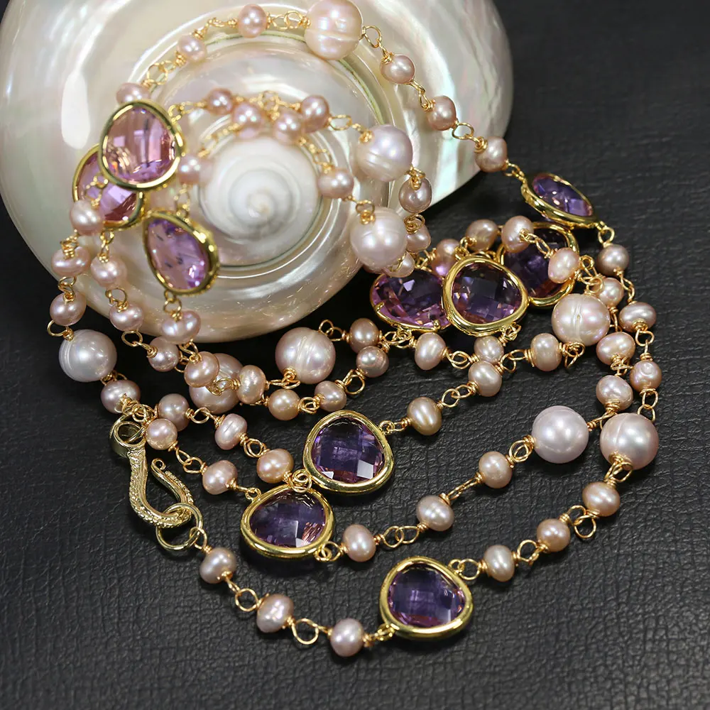 G-G Jewelry Lanvendar Pearl Purple Crystal Gold color Plated Glass Connector Chain Long Necklace Handmade For Lady Gifts