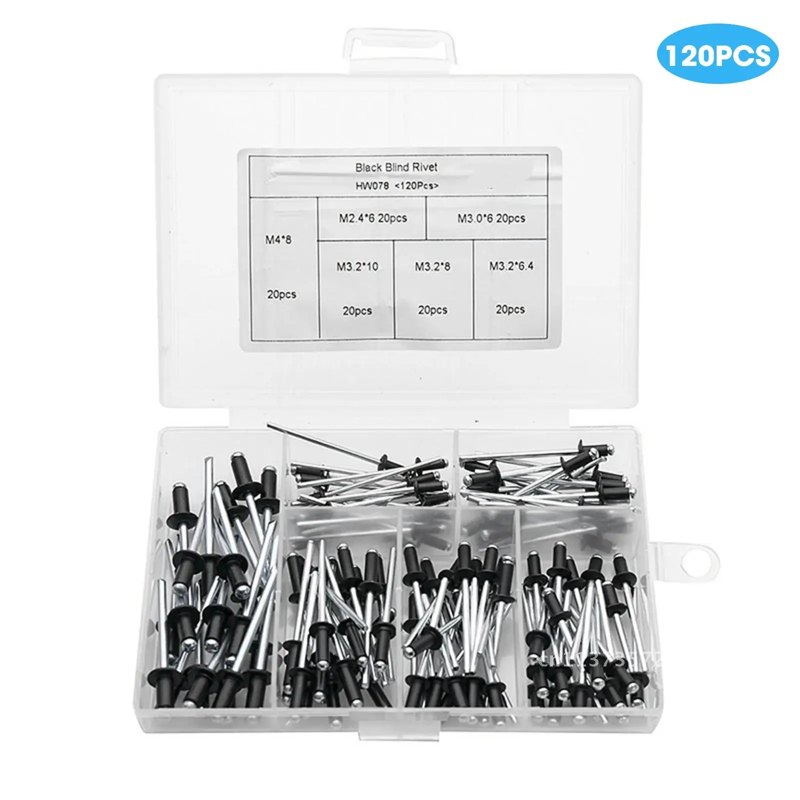 블랙 알루미늄 블라인드 리벳 풀 리벳, M2.4, M3.2, M4 버섯 머리 브레이크 맨드렐, 블라인드 리벳, 네일 팝 리벳, 스틸 세트, 120 개