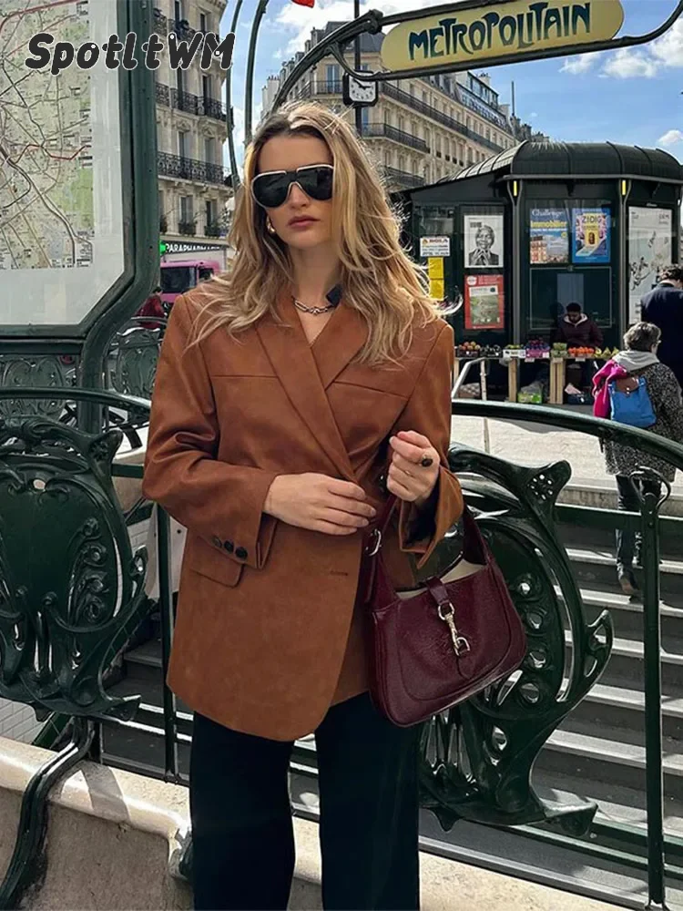 Women Retro Brown Lapel Blazer Jacket Fashion Single Breasted Long Sleeves Office Coats 2024 Autumn New Lady Commute Outerwear