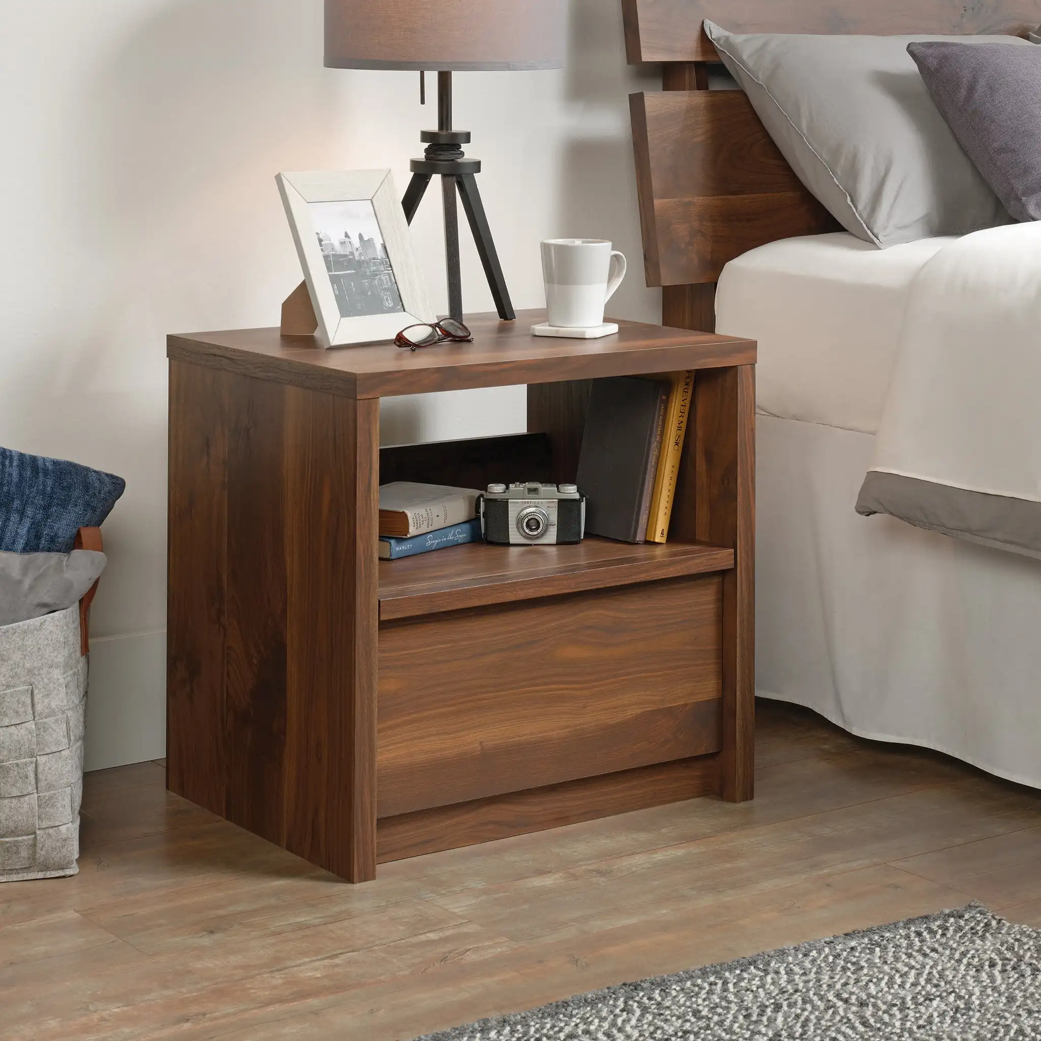 Nightstand with Drawer Vintage Walnut Finish Open Shelf Provides Additional Storage Vintage Walnut Finish