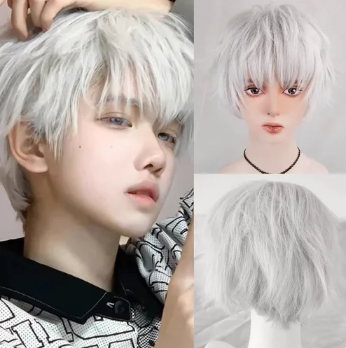 

Men Short Silver White Straight Curly Wigs Synthetic Anime Cosplay Natural Fluffy Heat Resistant Hair Wig for Daily Party