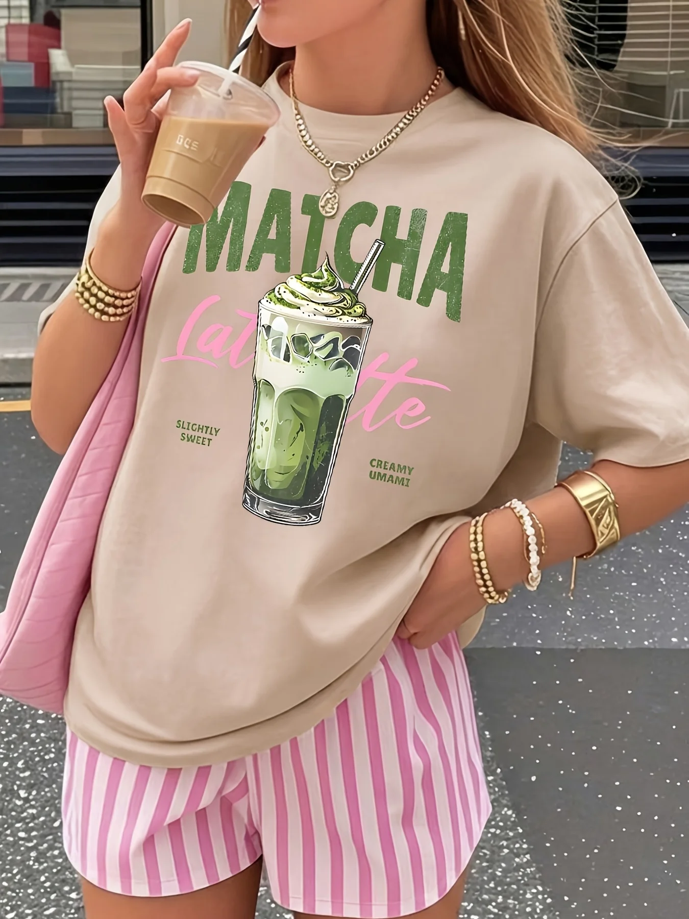 Matcha Latte Retro Iced Coffee Graphic Cotton T-shirt For Women Summer Short Sleeve Coffee Lover Tees Casual Couple Y2K Tops view 3