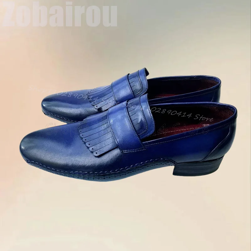 Sepatu pantofel pria desain jahit rumbai biru Fashion Slip On sepatu pria pesta pesta Pesta Jamuan makan kantor sepatu pria