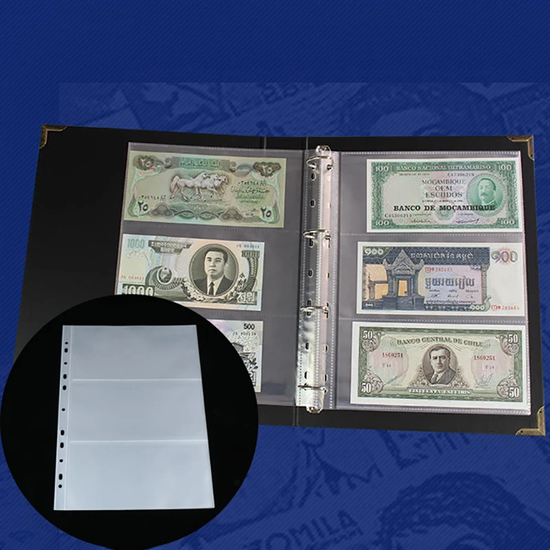 10pcs Loose Leaf Sheet 3-Slot Transparent Banknotes Holder Portable Paper Money Protective Bag Paper Money Collection Album