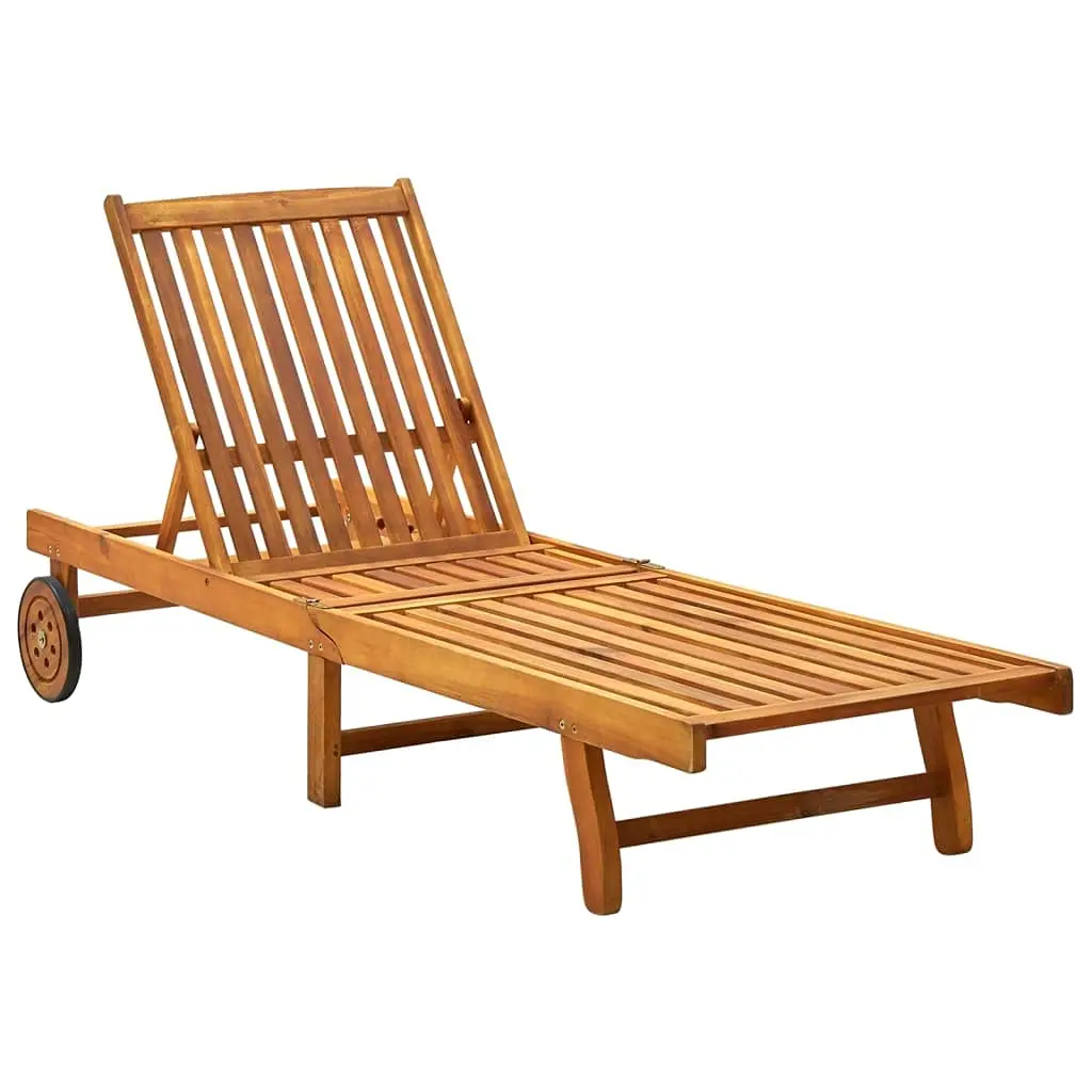 Outdoor Acacia Wood Sun Lounger with Cushion, Wheels, Pull-Out Tray, Foldable Patio Garden Poolside Chaise, Grey, Customized