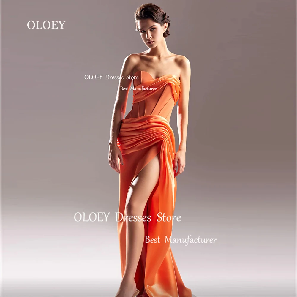 

OLOEY Unique Orange Evening Dresses Sweetheart Pleated Satin Floor Length Formal Party Dresses High Slit Zipper Back Custom Made