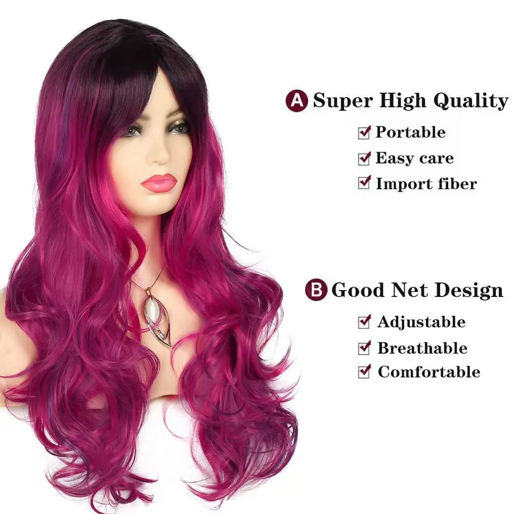 26 بوصة الاصطناعية مقاومة للحرارة الأسود إلى الأرجواني أومبير المرأة شعر مستعار طويل مموج للحزب زي الهالوين