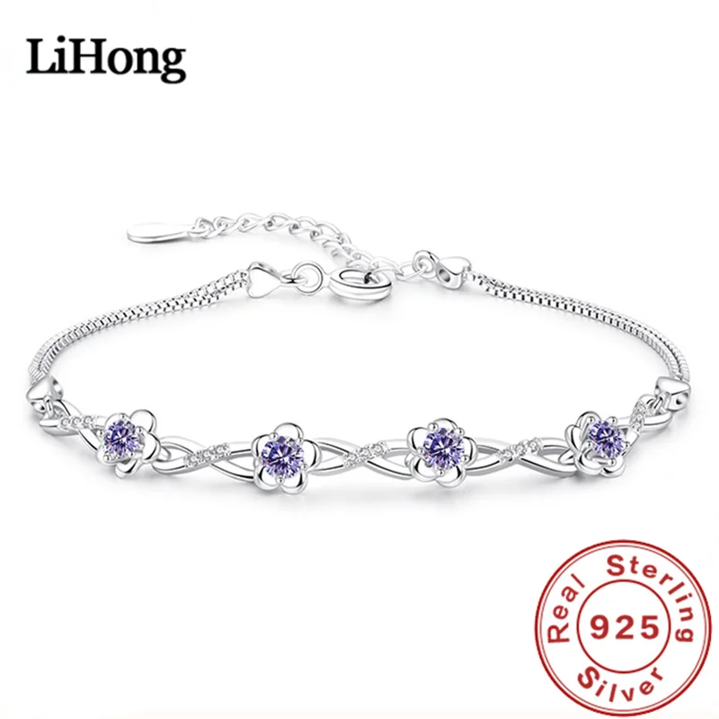 925 srebro bransoletka fioletowy kryształ cyrkon Plum bransoletka dla kobiet moda proste zaręczyny ślub Glamour biżuteria