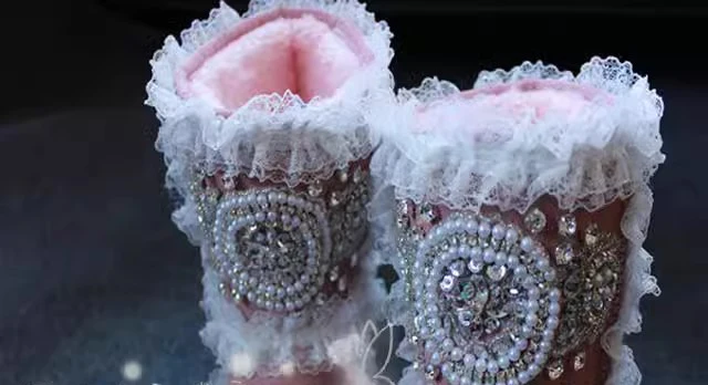 Lolita Pink Suede White Ruffle Pearl Rhinestone Flower Snow Boots Woman Round Toe Thick Flats Sole Middle Winter Boots