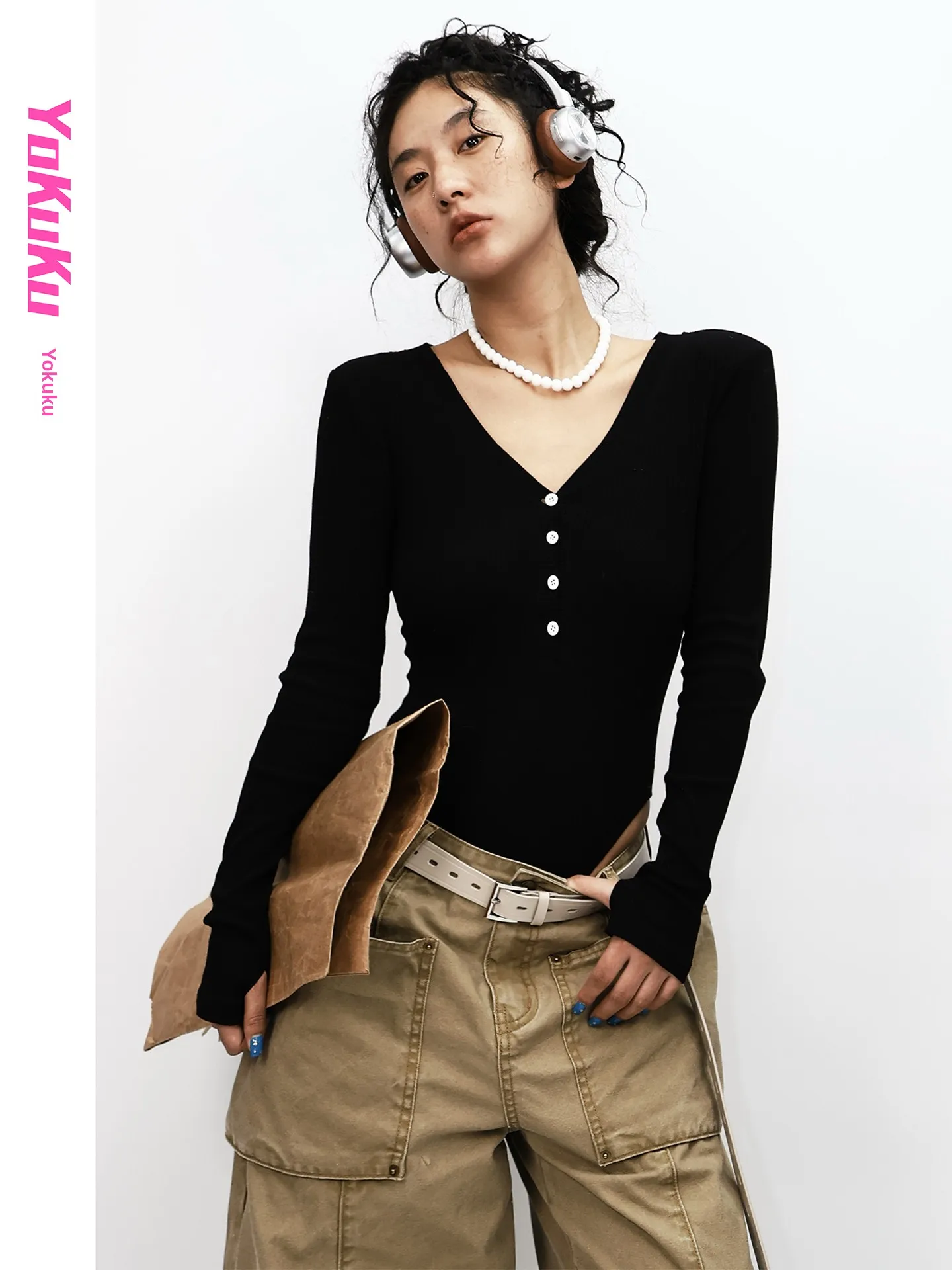 Cool American Retro Deep V-neck Women's Slim Fit Long Sleeve Onesie Commute Straight Tube Low Waist Cotton Blend Fabric