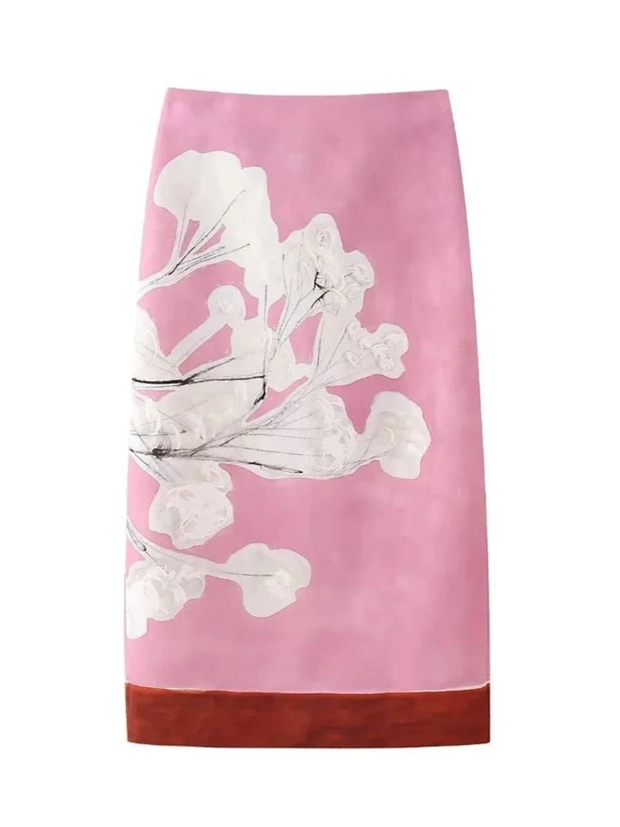 Linen Printed Split High Waist Straight Tube Skirt Casual Ladies' Half Body Skirt Chinese Production 2024 Autumn Season