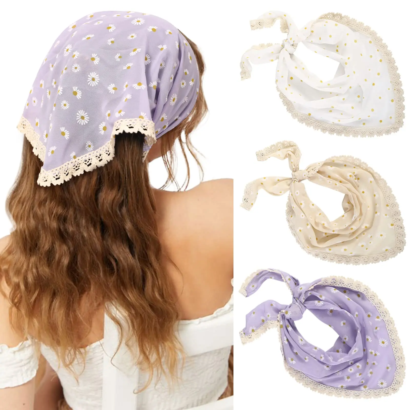 AWAYTR Daisy Printing Hair Scarf Turban Hair Band Bandanas For Girls Women Flower Plaid Print Headband Headwrap Hair Accessories