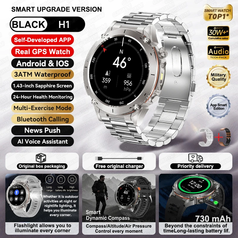 GUHUAVMI 2026 Neue GPS-Smartwatches, 10 ATM wasserdicht, integrierter Dualband-GNSS-Kompass, Militär, Sport, Herren, SWIM-Smartwatch für Android IOS 10