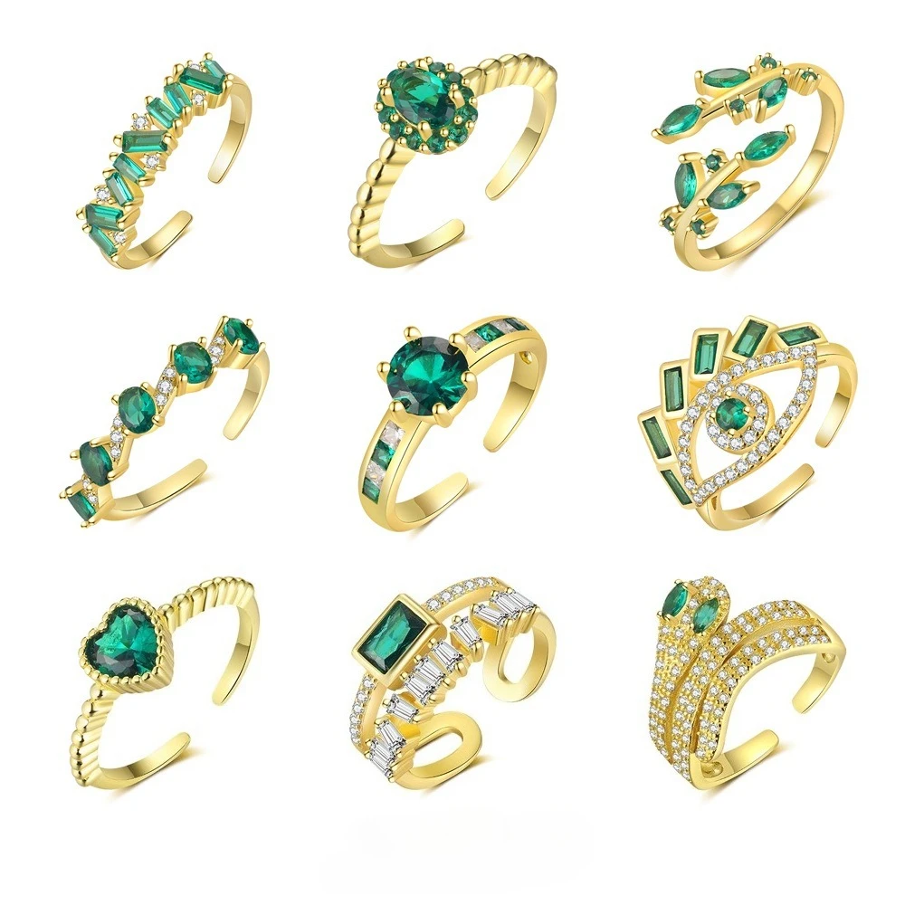 

CCFJOYAS Green Zircon 925 Sterling Silver Open Rings for Women Vintage Geometric Green Zircon CZ Finger Adjustable Ring Jewelry