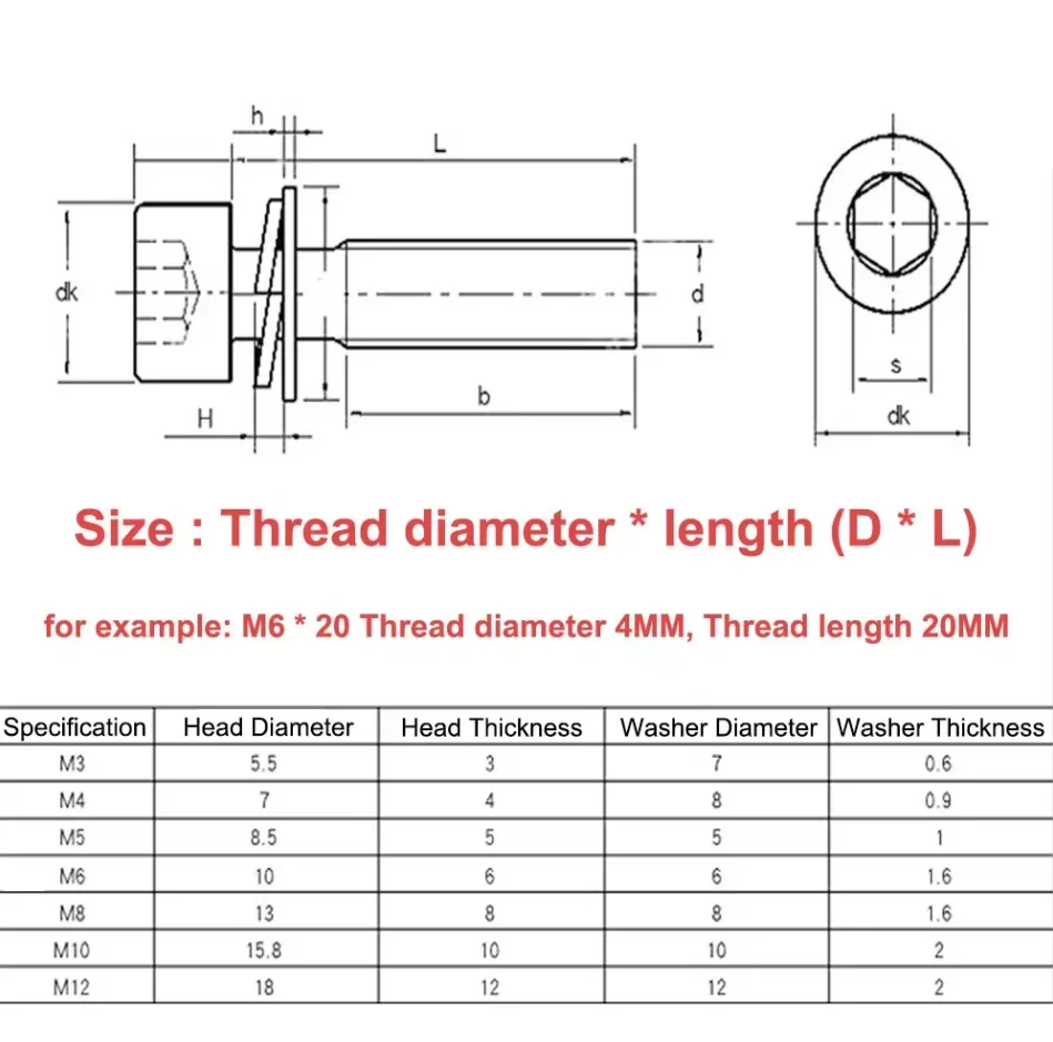 Hexagon Hex Socket Head Cap Three Combination Bolts 304 Stainless Steel Knurled Cylinder Allen With Washer