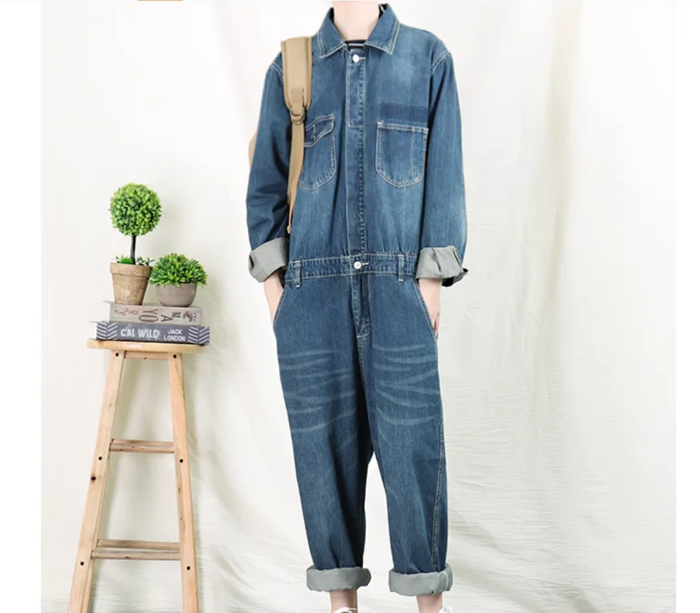 S-XXXL American retro trendy men's denim jumpsuit street hip-hop men's straight tube loose workwear men's and women's jumpsuit