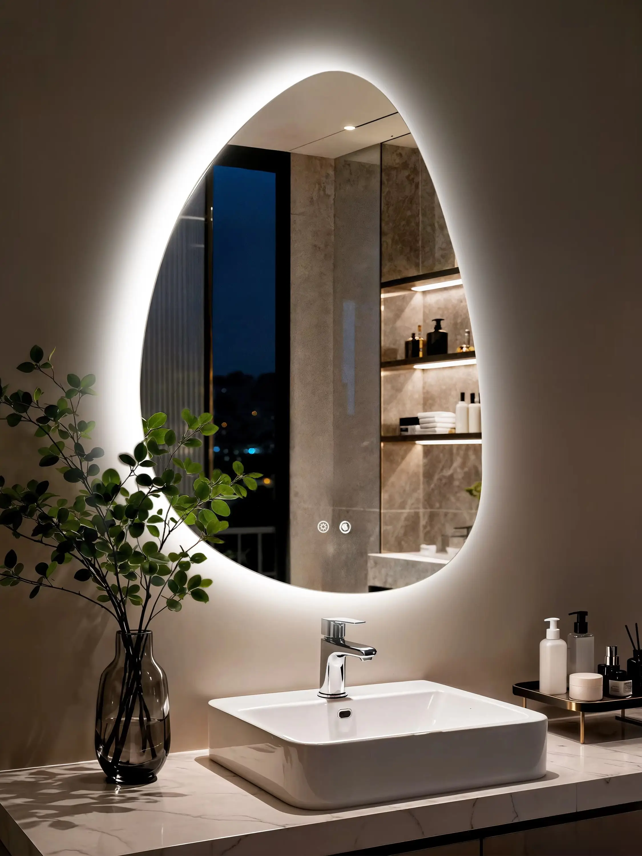 LED-Badezimmerspiegel, wandmontierter Schminkspiegel mit 3 Lichtfarben, Berührungssensor, Antibeschlag-Funktion, Hintergrundbeleuchtung, unregelmäßige Kieselsteinform